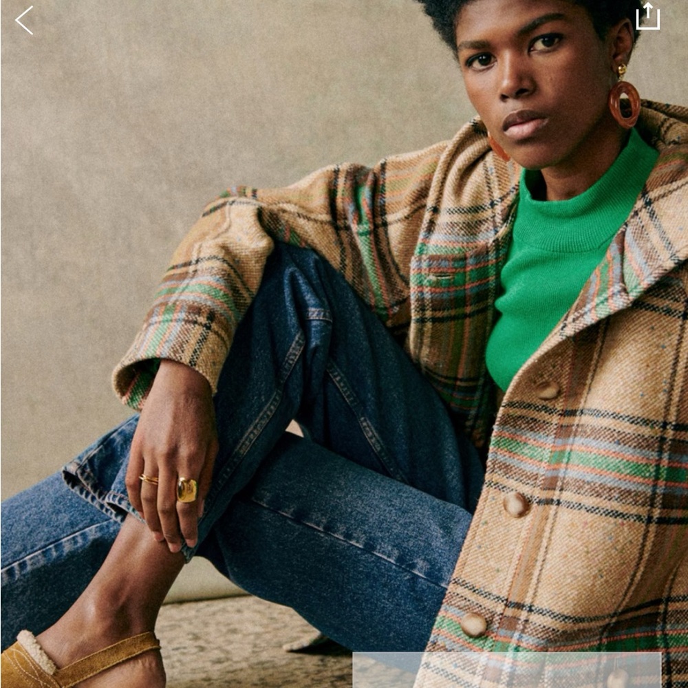 Sezane Suzon Plaid Pea Coat in Tan and Green